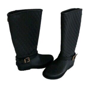 GUESS Black Quilted Rubber Rain Boots Gold Buckle Tall Waterproof Size 6